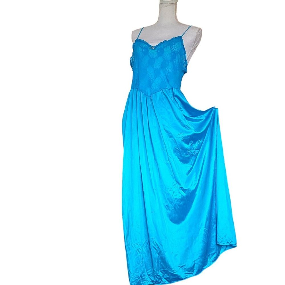 Vintage 70s 80s Aqua Blue Satin Nylon Long Full Slip Sheer Lace M Ankle Length